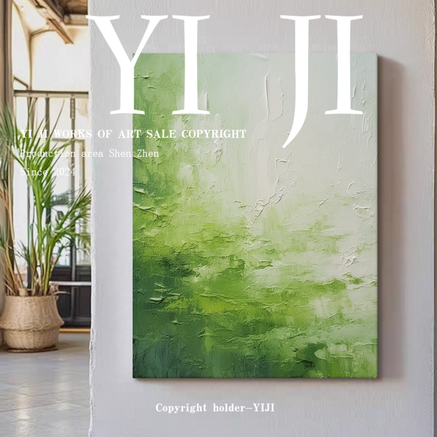 YJ.ART原创手绘《碧痕漫溯》侘寂风高档抽象绿色系卧室书房肌理画