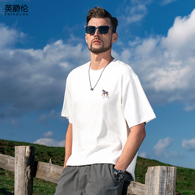 Yingjuelun 230g Heavyweight Pure Cotton Short-Sleeved T-Shirt for Men, Summer Loose Bamboo Cotton Half-Sleeve Casual Simple T-Shirt