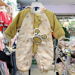 谷米熊小熊秋冬新款婴儿纯棉衣服夹棉哈衣爬服男女宝宝薄棉连体