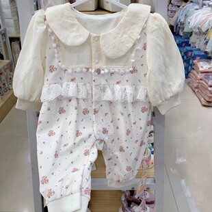 谷米熊女宝宝连体衣两件套小碎花爬服超萌外套双层春秋季哈衣服