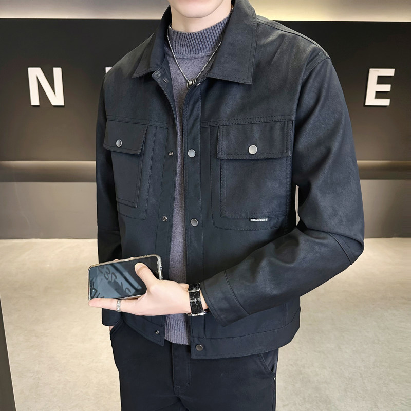 秋季皮衣外套男翻领2026新款修身短款机车皮褂子痞帅做旧美式茄克