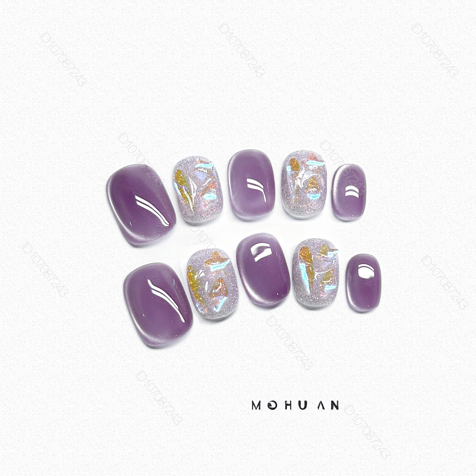 纯手工穿戴甲紫色猫眼高级感亮片显白2026新款美甲贴片简约百搭