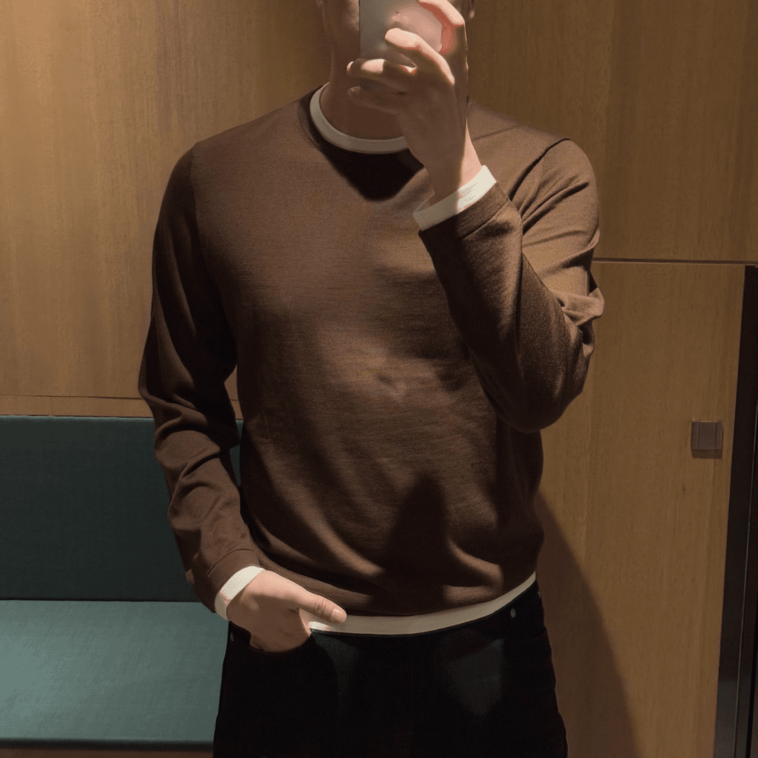 男士秋冬圆领假两件百搭针织衫