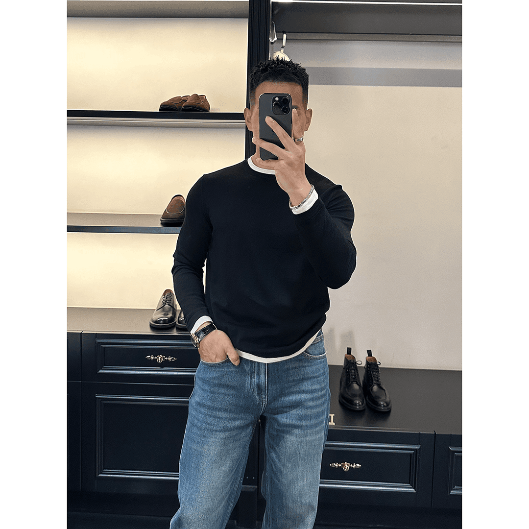 男士秋冬圆领假两件舒适针织衫