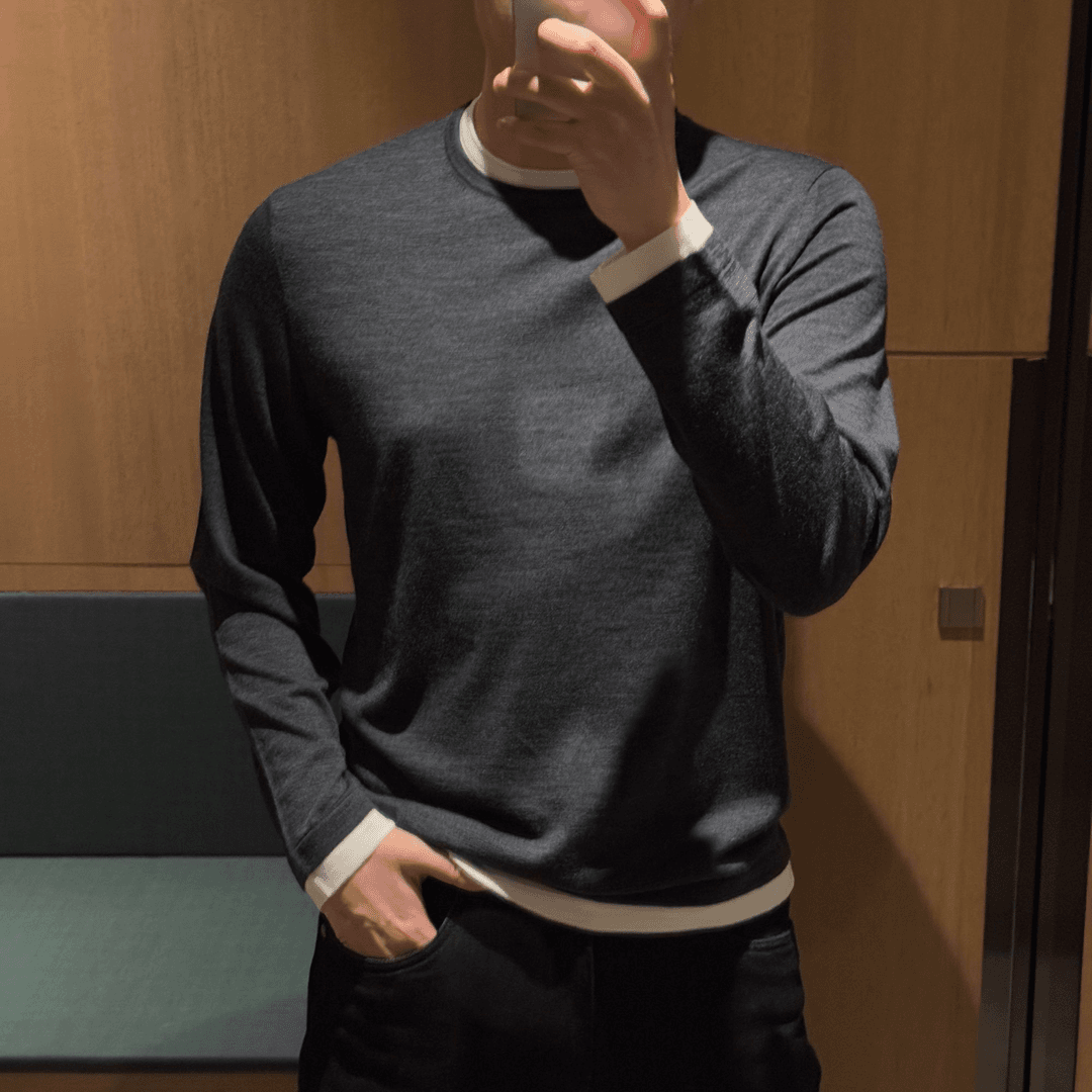 男士秋冬圆领假两件百搭针织衫