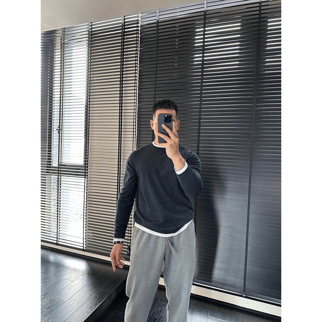 男士秋冬圆领假两件百搭针织衫