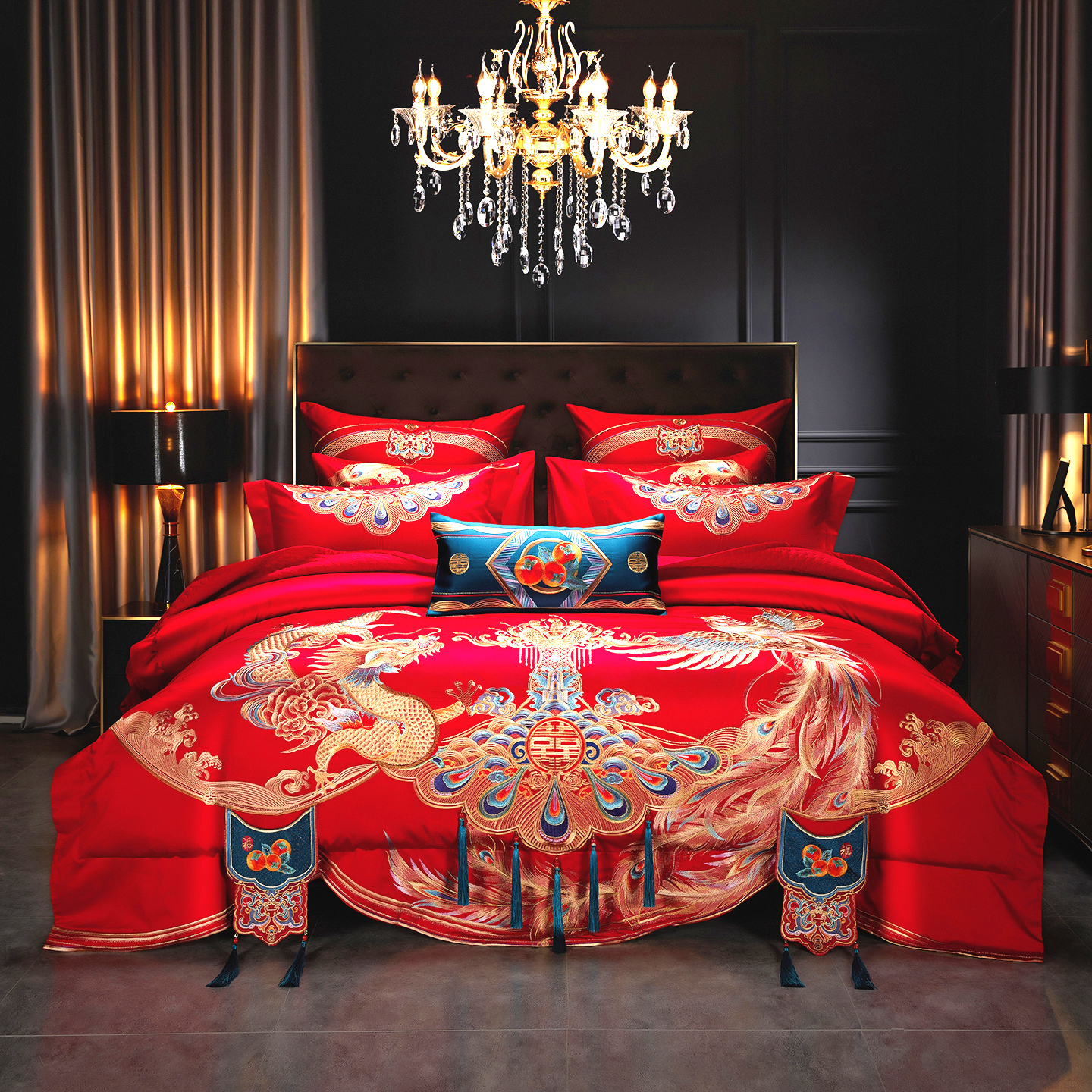 高端140支长绒棉婚庆四件套全棉绣花喜被套新婚大红床单结婚床品