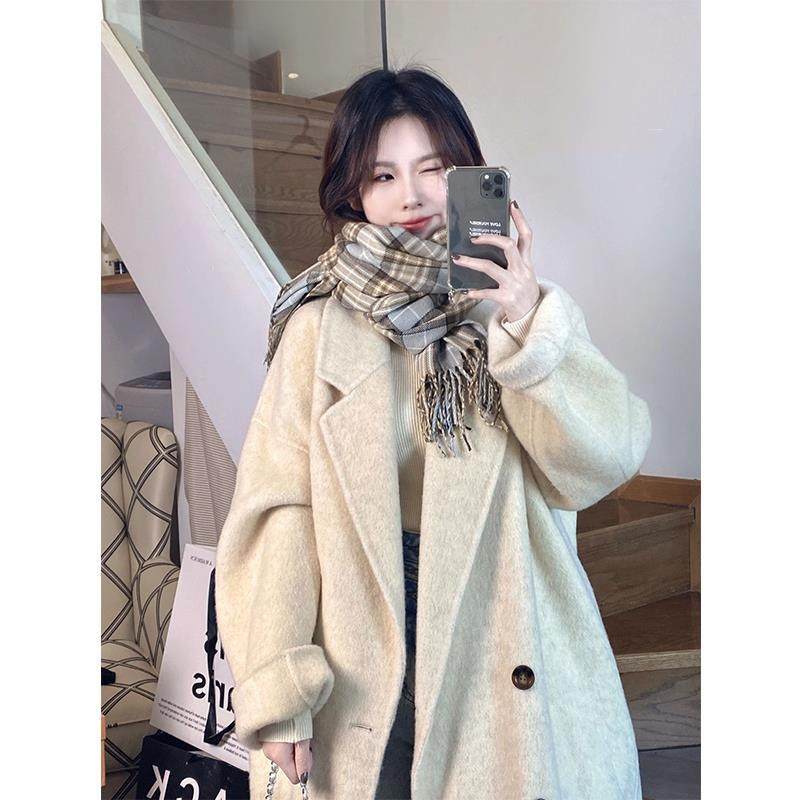 燕麦色双面羊绒大衣女2025秋冬新款韩版宽松中长款高端羊毛呢外套