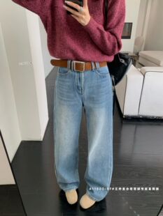 十三行冬季新款高腰牛仔裤女植绒宽松显瘦阔腿设计感直筒长裤