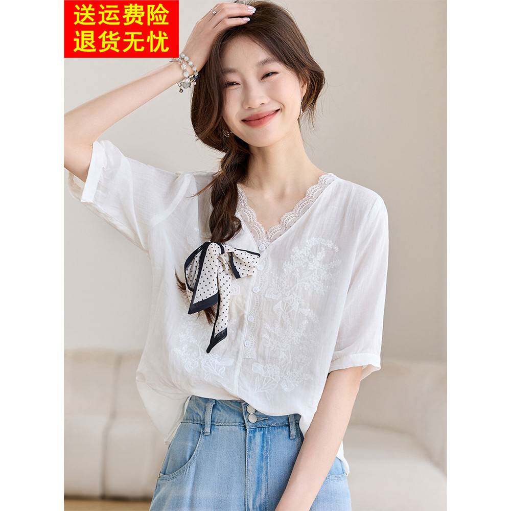 2025新款夏季t恤优雅的女士小衬衫棉麻上衣女士优雅的白色苎麻衬