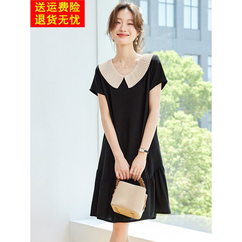 2025夏日新款减龄超火黑色娃娃领漂亮真丝桑蚕丝连衣裙小个子裙子