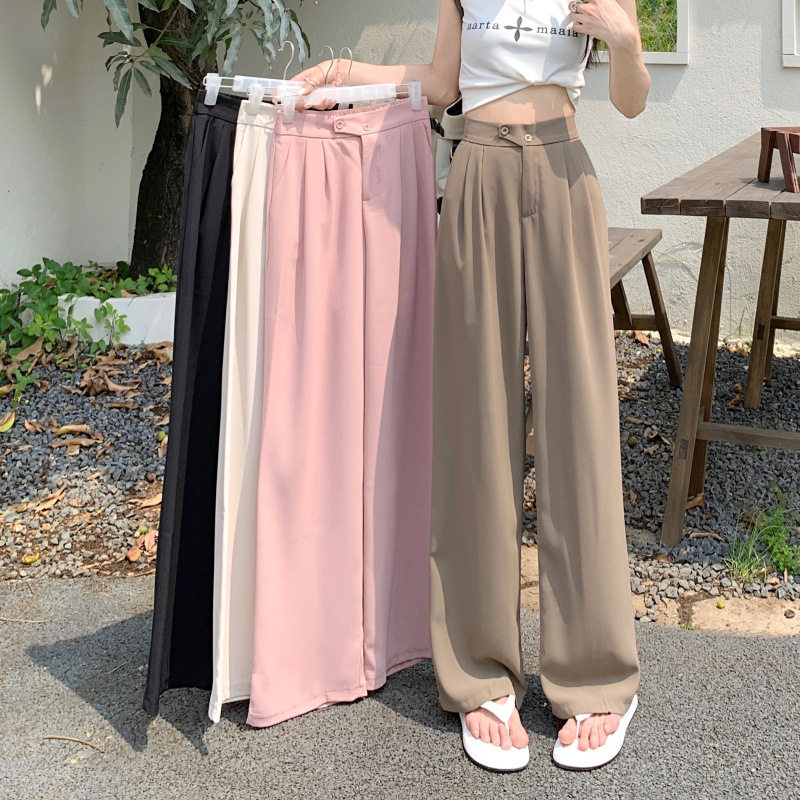 西装裤女直筒裤纯色chic气质新款小个子松紧腰女高腰宽松显长裤