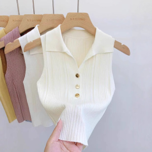 上衣打底衫 独特别致修身 无袖 小香风金扣Polo领针织背心女早秋法式