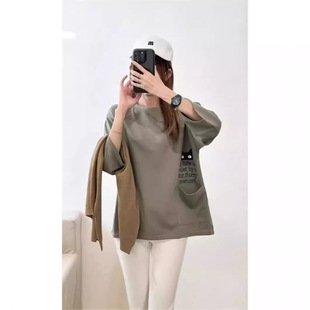 纯色宽松版贴袋上衣t恤中长款休闲上衣2024新款百搭ins大款200斤