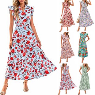 印花中长款 连衣裙 V领褶皱飞飞袖 2026欧美