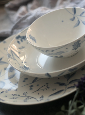 Sainsburys实用蓝色水彩青花釉下彩陶瓷家用餐具面碗米饭汤碗菜盘
