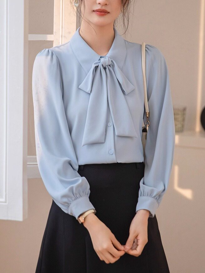 名媛气质高级感显瘦上衣2026蝴蝶结蓝色衬衫女长袖春秋衬衣衬衫