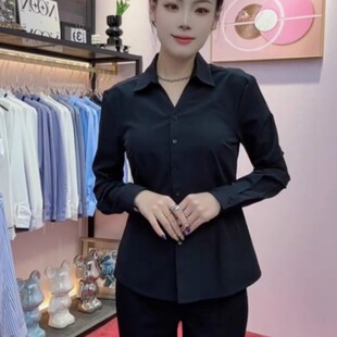 春秋正装 新款 商务抗皱高级感前台银行通勤衬衣 女长袖 V领黑色衬衫