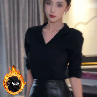 秋冬季加绒加厚黑色衬衫女长袖内搭保暖叠穿显瘦减龄职业装衬衣