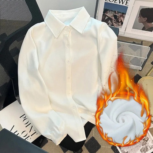 秋冬季加绒高级感V领白色衬衫女长袖内搭叠穿职业装通勤极简衬衣