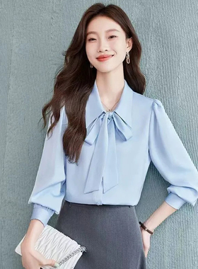 蓝色蝴蝶结衬衫女春秋季长袖通勤职业面试穿搭高级感衬衣白色上衣