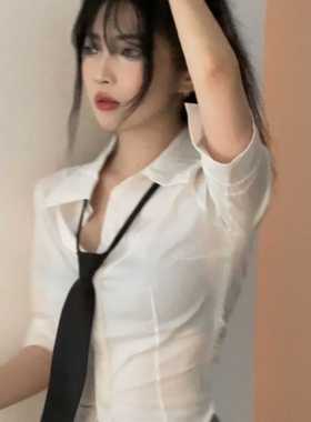 辣妹JK制服收腰白色衬衫女短袖纯欲学院风修身显瘦设计长袖白衬衣