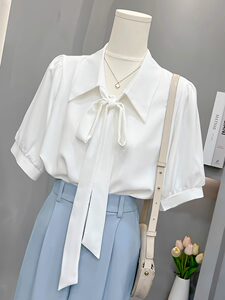 抗皱凉感白色衬衫女短袖夏季2026年新款高级泡泡袖飘带职业装衬衣