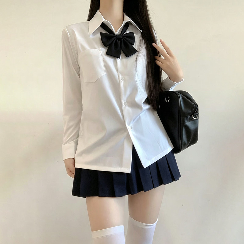 2026春秋季学院风白色长袖收腰衬衫女jk制服领结可爱少女感衬衣