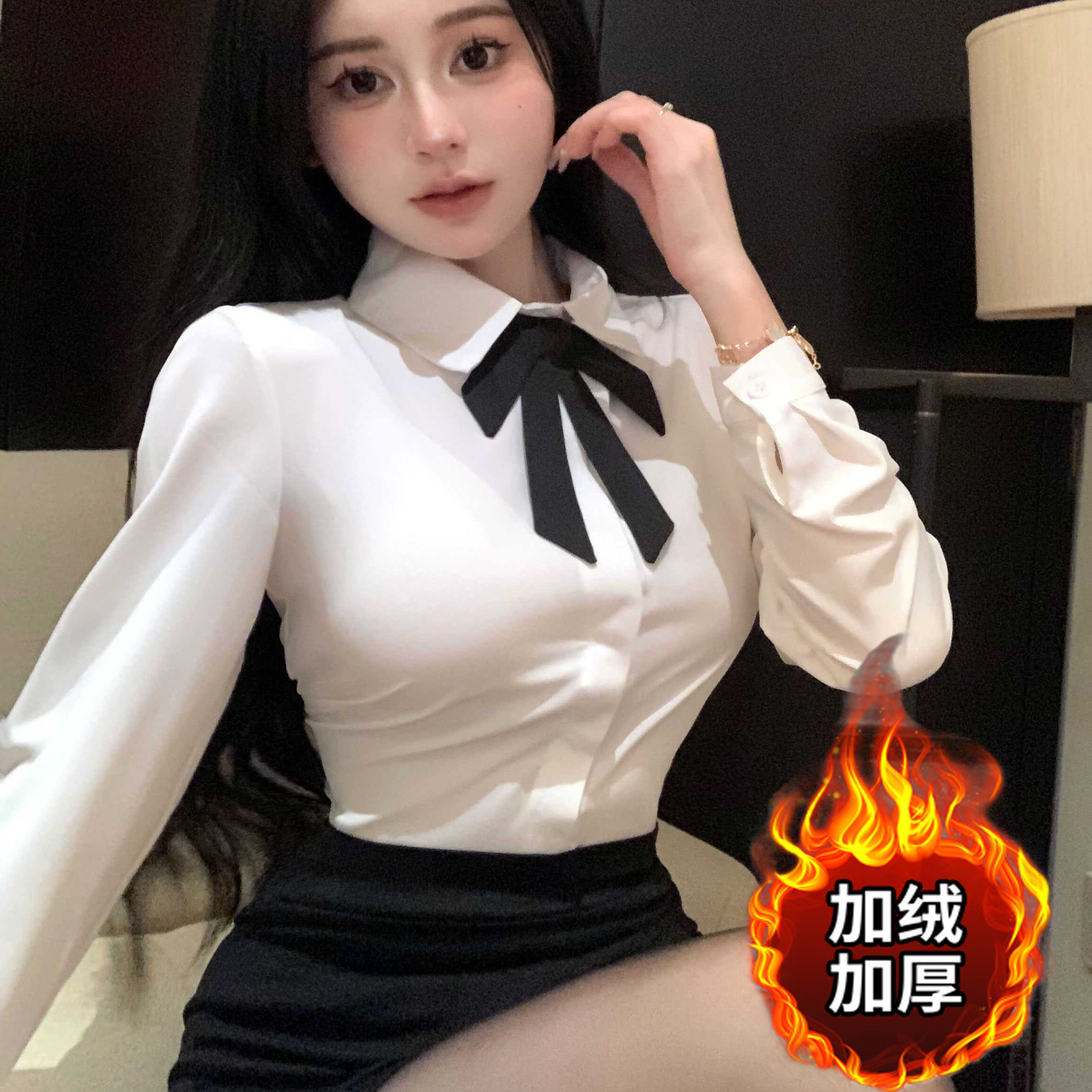 轻熟风蝴蝶结加绒白衬衫女长袖厚