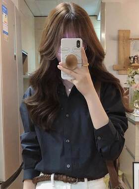 韩版冬季打底加绒黑色衬衣女长袖