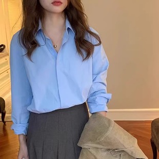 显白轻奢高级感外搭叠穿衬衣厚 女长袖 2025秋冬季 小个子天蓝色衬衫