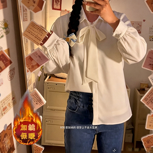 小个子秋冬轻奢法式温柔风白色蝴蝶结加厚衬衫女长袖打底衫ootd