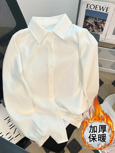 秋冬加绒加厚polo领小众纯色通勤内搭上衣衬衣 基础款 白衬衫 女长袖