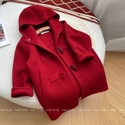 呢大衣加厚保暖牛角扣连帽新年红