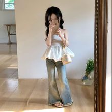 韩系女童25夏季款白色一字肩抹胸上衣女孩复古做旧毛边牛仔喇叭裤