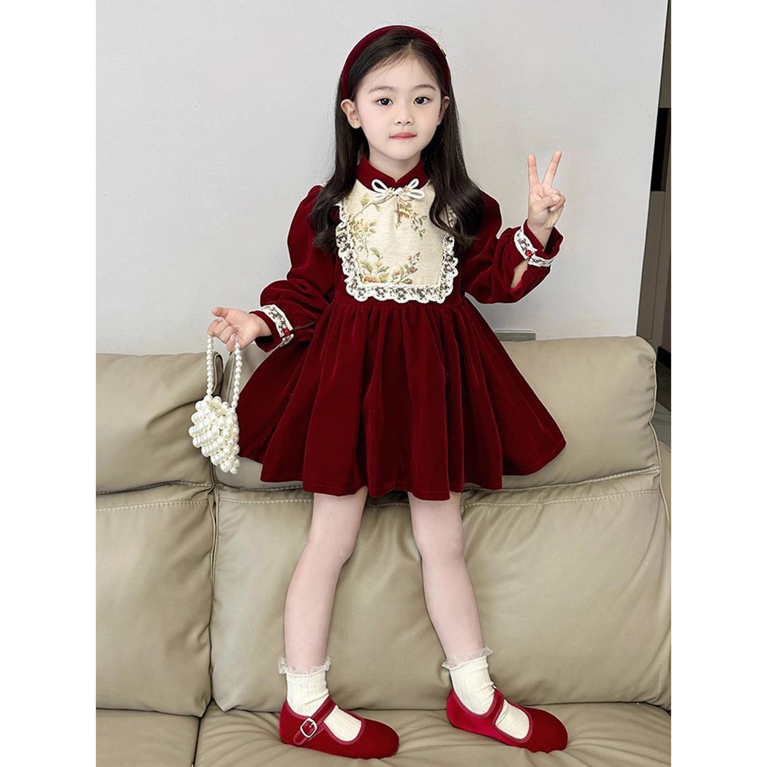 女童秋冬新年甜美丝绒拼接连衣裙