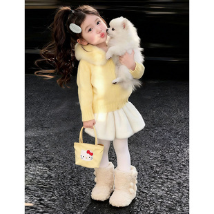 奶黄色毛领连帽拉链毛衣外套女孩毛绒半身裙 新款 韩版 女童2025冬季