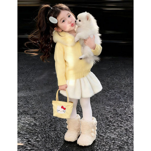 女童冬季新款毛衣外套毛绒半身裙