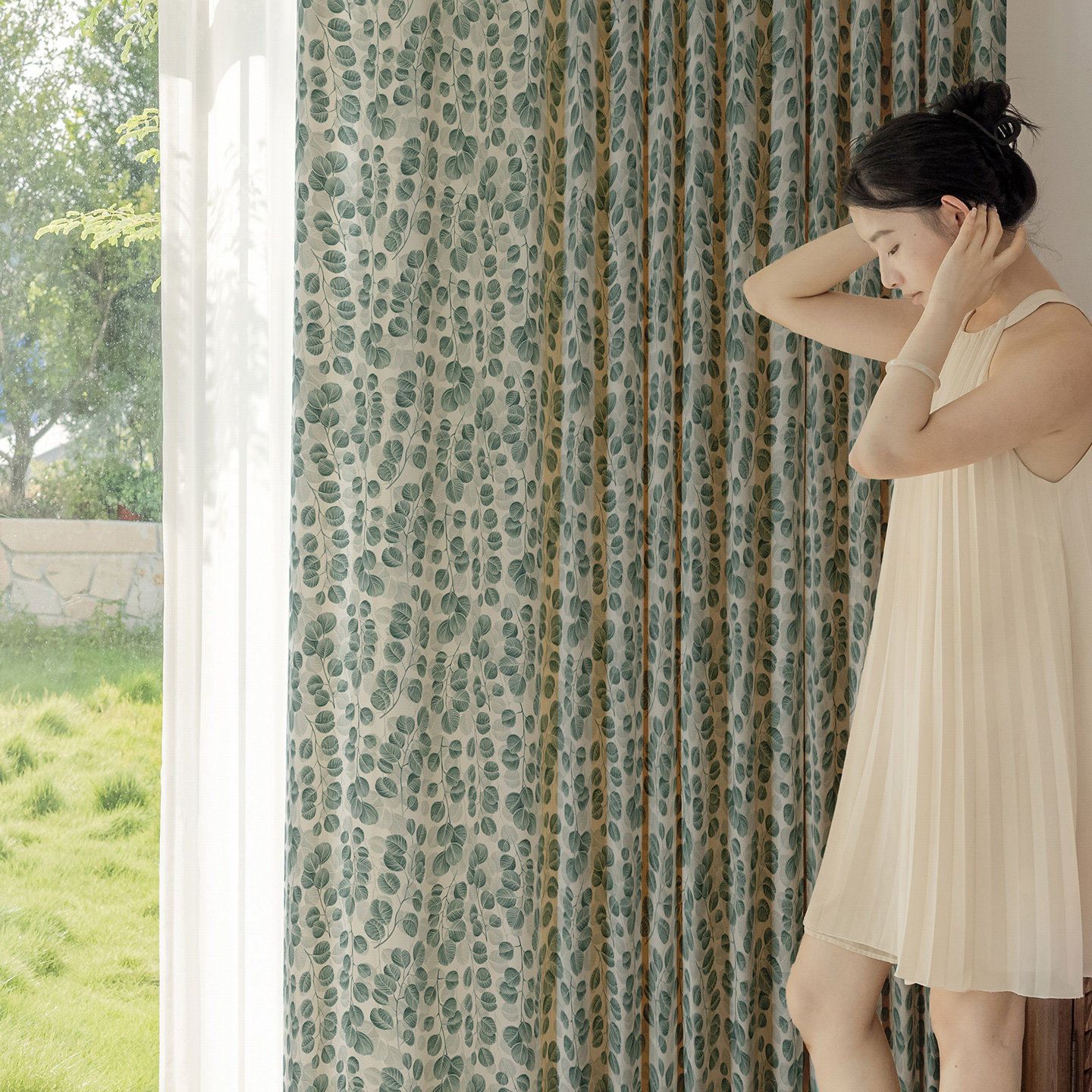 银元尤加利窗帘定制 森系简约树叶绿色雅致 客厅卧室雪尼尔全遮光