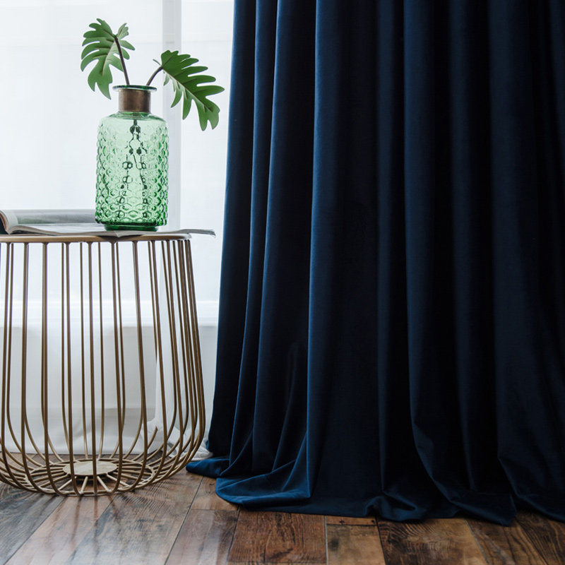 北京窗帘定制做 半遮光荷兰绒 现代简约纯色深蓝海蓝客厅美式轻奢