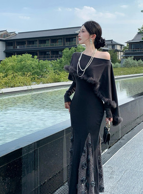 纯欲风性感斜肩长袖针织连衣裙女修身显瘦内搭打底包臀鱼尾长裙子