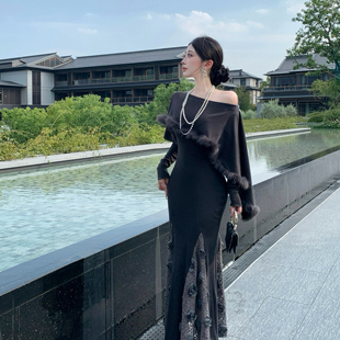 纯欲风性感斜肩长袖针织连衣裙女修身显瘦内搭打底包臀鱼尾长裙子