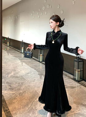 Mimo dk重工丝绒毛毛步步生莲改良旗修身黑色鱼尾连衣裙 忘川迷雾