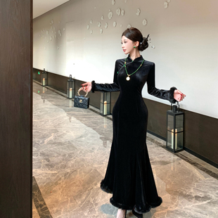 忘川迷雾 黑色鱼尾连衣裙 Mimo dk重工丝绒毛毛步步生莲改良旗修身