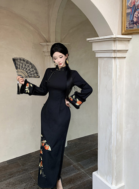 【柿柿如意】新中式国风黑色旗袍连衣裙女2025新款改良旗袍长裙子