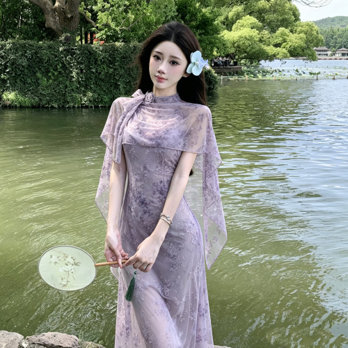 Mimo dk温柔纯欲手工花朵挖肩紫色鱼尾连衣裙步步生莲长裙 紫珠心