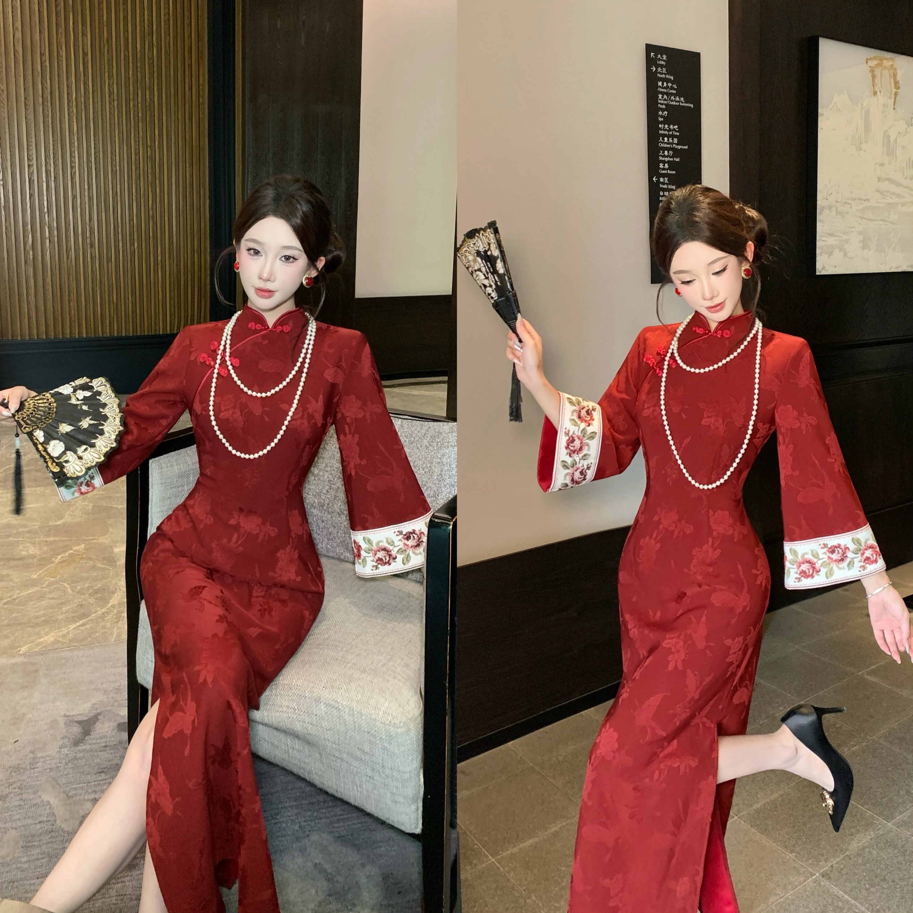 新中式复古红色订婚刺绣旗袍秋冬礼服长袖敬酒服 红墙蝴蝶倒大袖