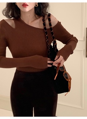 港味复古2021秋季新款露肩设计感修身显瘦性感螺纹针织衫打底衫