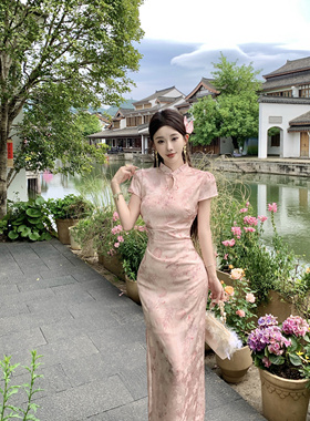 Mimo dk粉色竹子国风小立领提花锻面直角肩新中式改良短袖旗袍