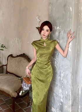 Mimo dk新中式绿色提花显瘦显白旗袍国风年轻款少女长款连衣裙女